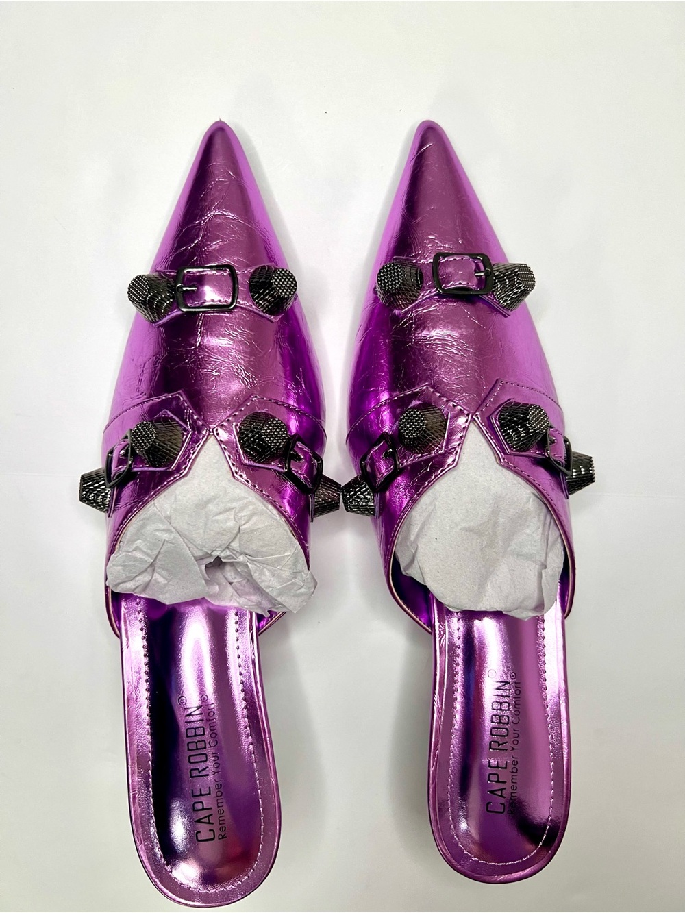 Metallic Embellished Purple Mules w/ Industrial Hardware Studded Metal Accents - Picture 8 of 13